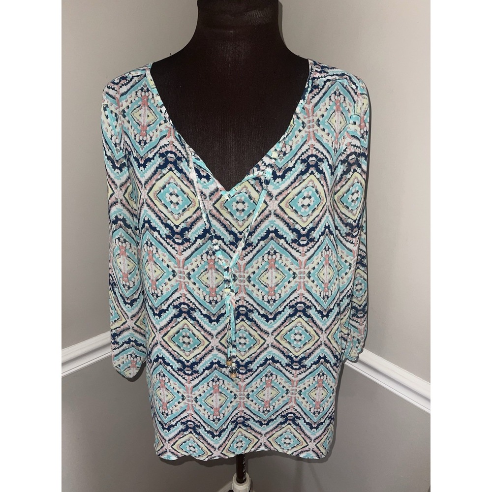 Maurices Geometric V Neck Blouse Boho Womens‎ Medium Semi Sheer